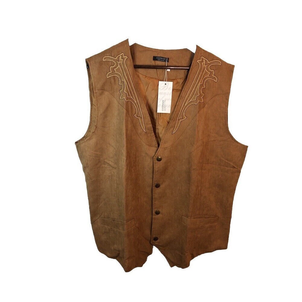 Coofandy Mens XXL Tan Western Cowboy Microfiber Vest Lined Snap Front NWT